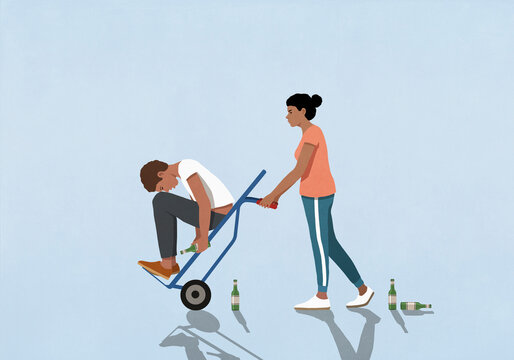 Wife pushing drunk husband on hand truck
