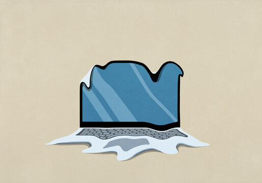 Distorted, melting laptop on beige background
