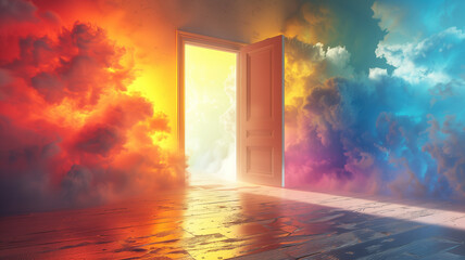 Pride month concept with Portal to Pride: A door standing in an ocean with rainbow light, symbolizing the journey towards acceptance, pride, and the limitless possibilities within the LGBTQ+ community