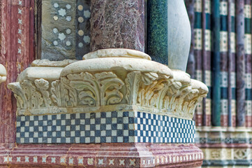 Details at facade of Genoa Cathedral or Metropolitan Cathedral of Saint Lawrence in Genoa, Italy.