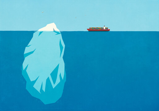 Container ship on ocean surface nearing large underwater iceberg

