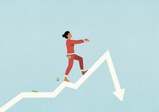 Money falling from pockets of woman in pajamas sleepwalking on falling arrow
