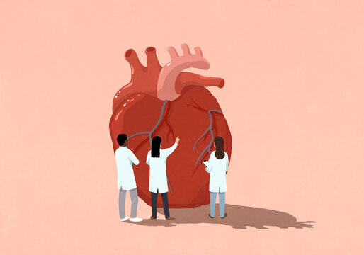 Cardiologists examining large heart on pink background
