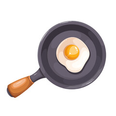 Fried egg in frying pan, cartoon breakfast food. Round cast iron skillet with wooden handle and delicious top cooked egg, cartoon top view of served healthy morning protein dish vector illustration