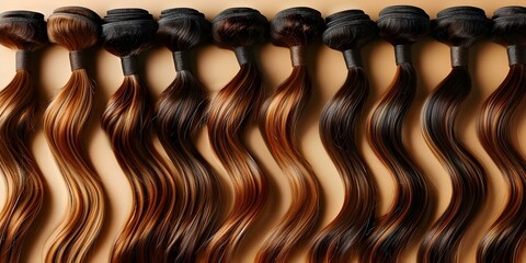 Various brown hair extensions on light brown background. Concept Hair Extensions, Brown Tones, Styling Options, Light Background, Beauty Accessories
