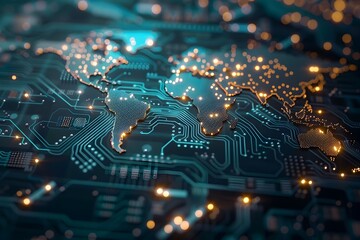 Glowing Printed Circuit Board Forming Global Network and Connectivity