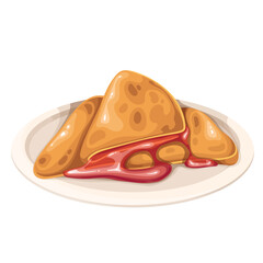 French toast stuffed with strawberry jam, cartoon dessert on plate. Funny fried toast bread slices of triangle shape and red fruit sauce, cartoon sweet sandwich for breakfast vector illustration