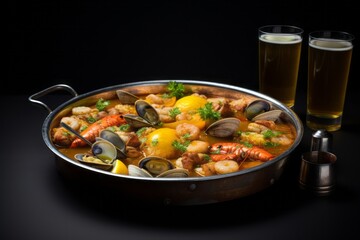 Tasty bouillabaisse on a metal tray against a minimalist or empty room background