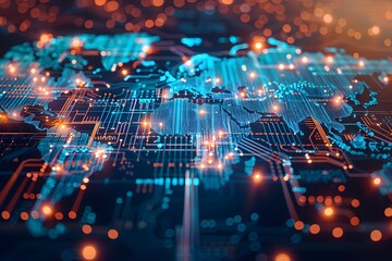 Obraz premium Glowing Printed Circuit World Map Representing Global Connectivity and Data Transfer