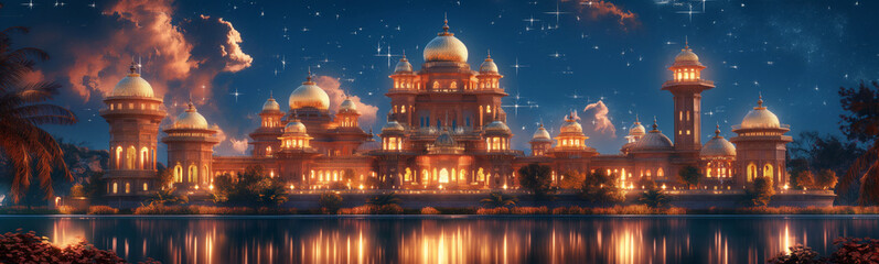 3D rendering of a fairy tale castle with sunset clouds and fireworks