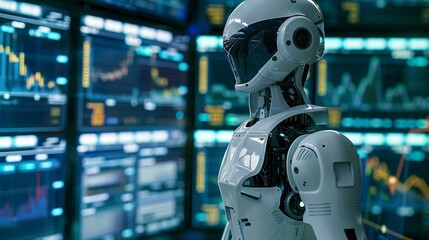 An automated robot roams the futuristic stock market floor scanning the holographic projections for the latest financial trends.