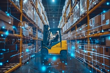 Autonomous forklift handling inventory in a high tech industrial warehouse with futuristic digital