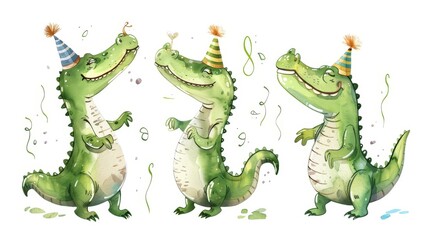 Three Crocodiles Wearing Party Hats and Streamers