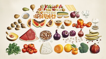 A detailed layout of various healthy foods including fruits, vegetables, meats, and grains, ideal for nutritional themes.