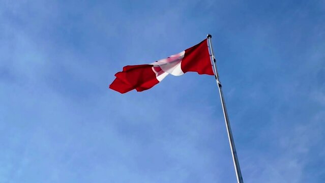 Footage of the Canadian flag on a flagstick waving in the wind on a clear sunny day.