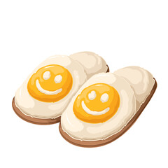 White furry slippers with cartoon emoji face and smile. Funny slippers with fur and yellow smiling emoticon, fun home comfort and footwear mascot, cartoon cute warm shoes vector illustration