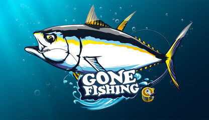 NOT AI. Tuna fishing logo vector illustration. Tuna fishing emblem isolated. Ocean fish logo. Saltwater fishing theme.