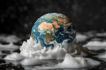 Fragile Blue Planet Enveloped in Billowing Soap Foam Highlights Environmental Crisis and Call to