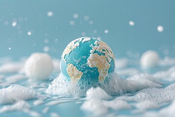 Soap Globe Floating in Wintry Wonderland of Snowy Foam