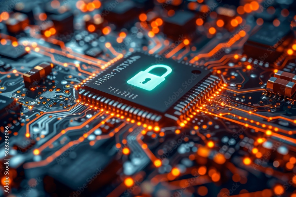 Poster high tech macro photograph focusing on cybersecurity with a microchip and integrated circuits glowin