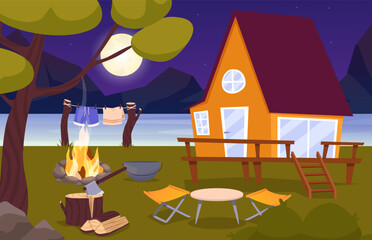 Cartoon camping. Summer nature scene with house, tent and bonfire. Family camping evening time. Tent, fire, forest and rocky mountains background, night sky with clouds.