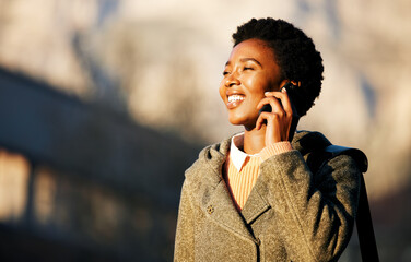 Phone call, smile and thinking with black woman outdoor in summer for communication or networking....