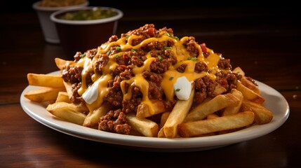 Plate of piled chili cheese fries
