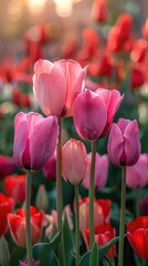 Vertical image of a mobile phone screen. Pink and purple tulips. In the background are blurred red flowers .