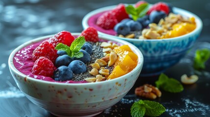 healthy breakfast bowls, vibrant veggie smoothie bowls with chia, berries, and nuts on marble, a colorful and tasty breakfast choice