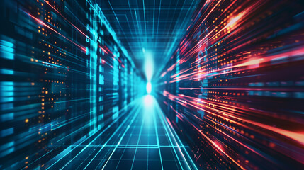 Obraz premium Blurred hosting servers in big data center. Cloud computing. Technology background.