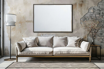horizontal image of a indoor living space with large pale sofa in front of a worn concrete wall, blank frame hanging on the wall, mockup space