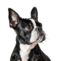 Fototapeta premium French bulldog close-up on a transparent background. A black-and-white dog with large ears looking upward. Its fur is shiny, and it has an attentive expression. Isolated. PNG.