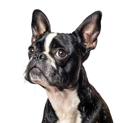 French bulldog close-up on a transparent background. A black-and-white dog with large ears looking upward, slightly tilting its head to the side. Isolated. PNG.