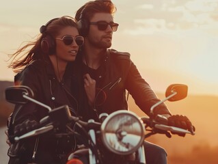 Fototapeta premium couple sitting on a motorbike with headphones on and sunset behind