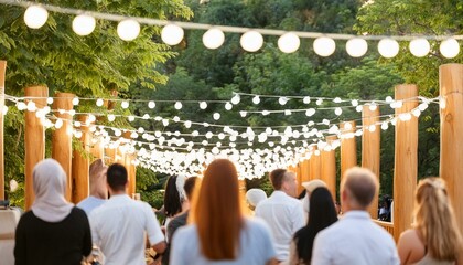 Outdoor party with lamp garlands and many people silhouettes, blurred background