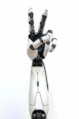 Robot hand signing the peace sign symbolic gesture.