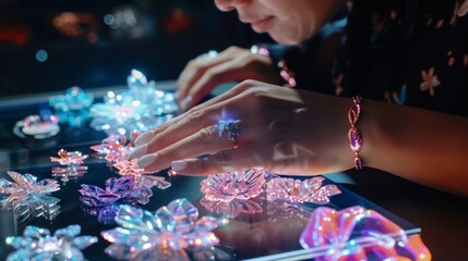 A group of designers collaborating on an augmented reality jewelry project each adding their own unique elements to the overall design.