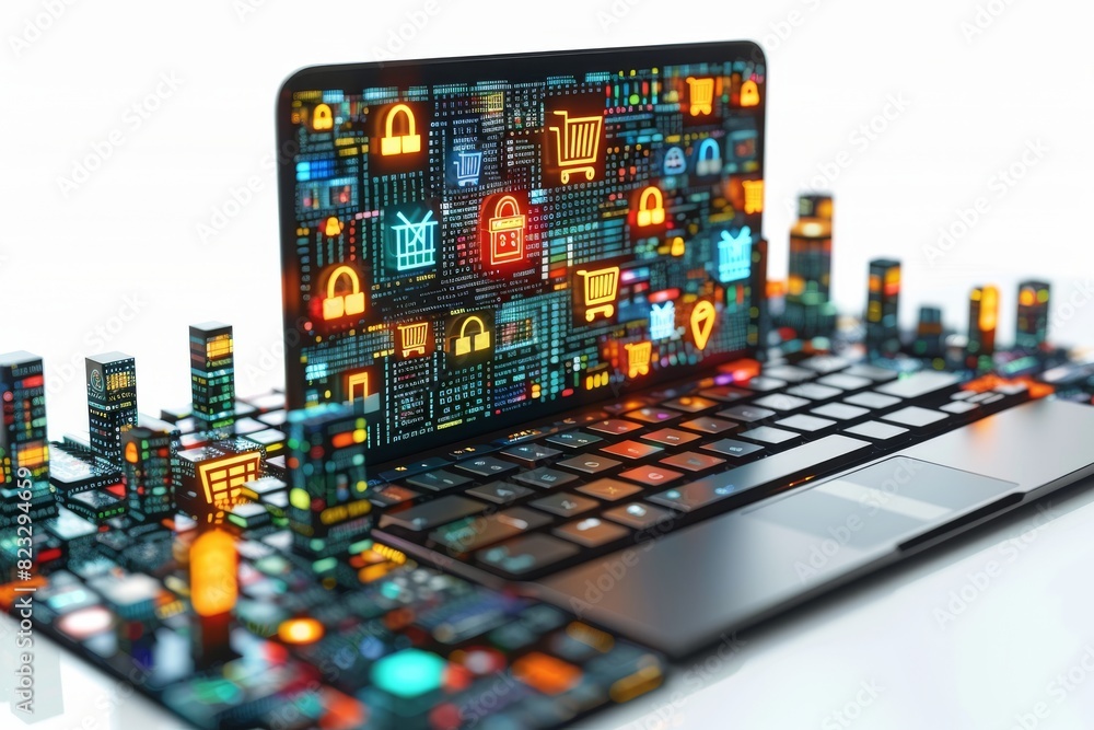Poster high tech photograph of a laptop keyboard with colorful holographic icons representing secure online