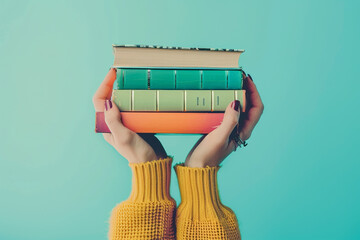 Woman hands holding pile of books over light blue background book swap hobby relax time 