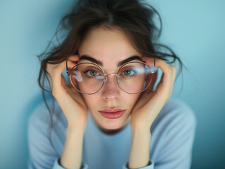 Young brunette woman taking off big eyeglasses and rubbing sore eyes, feeling tension and headache,...