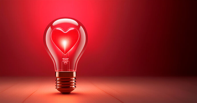 Light bulb with a heart shape glowing filament on a red background, Valentine day 