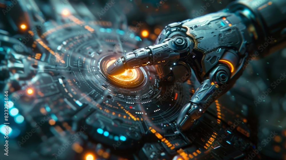 Poster futuristic robot hand interacting with virtual reality interface in a banner mockup showcasing moder