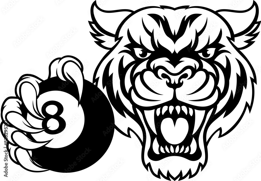 Sticker A tiger angry mean pool billiards mascot cartoon character holding a black 8 ball.