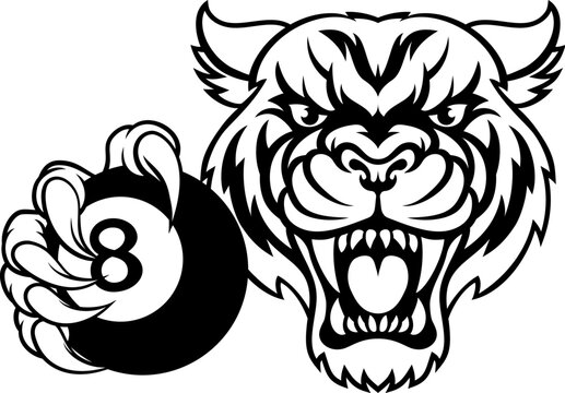 recommend clip art: A tiger angry mean pool billiards mascot cartoon character holding a black 8 ball.