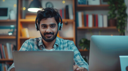 Young Indian man sit at desk wear wireless headphones greets teacher start video call lesson to gain new knowledge, learn language, studying online, using laptop and modern videoconference application