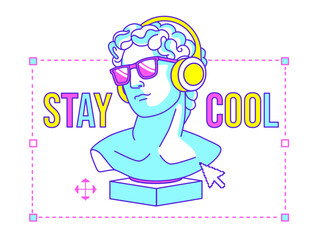 Cool male antique sculpture in sunglasses with headphones and nostalgia 8-bit user interface elements. Collage for t shirt print. 90's aesthetic, fun hipster vibe. Vibrant fluorescent retro colors.