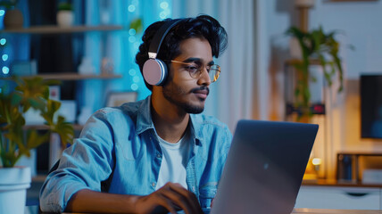 Young Indian man sit at desk wear wireless headphones greets teacher start video call lesson to gain new knowledge, learn language, studying online, using laptop and modern videoconference application