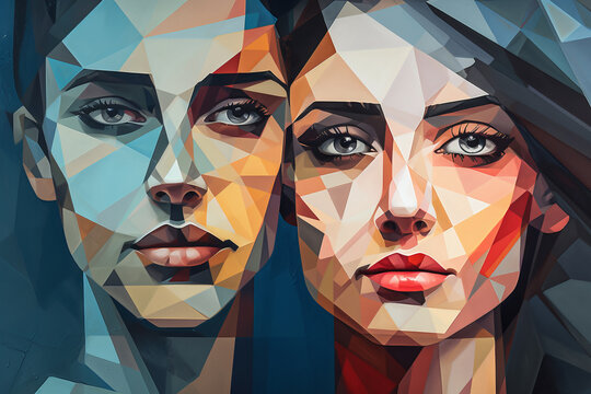 Man and woman faces in an abstract cubist or cubism style painting. Love or relationship concept