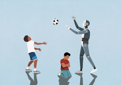 Angry below with arms crossed below brother and robot playing with soccer ball
