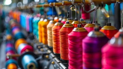 close-up view of a row of colorful thread spools textile factory